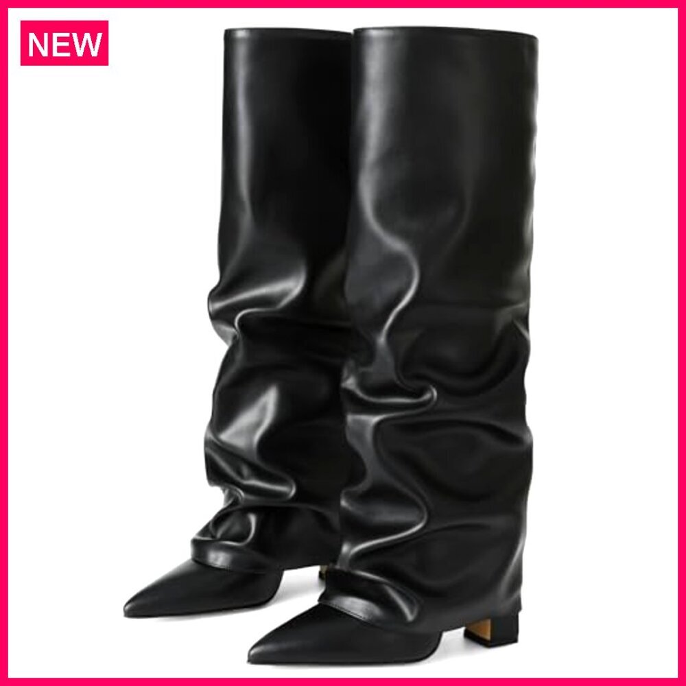 Slouchy Knee High Boots Pointed Toe Fold Over Chunky Heel Pull On - Picture 3 of 4